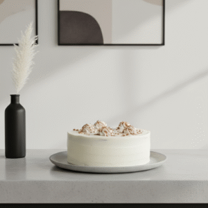 A smooth, white-frosted cake sits on a gray plate atop a light countertop. Several swirled dollops of cream, drizzled with caramel and sprinkled with crushed nuts, are arranged across the top.