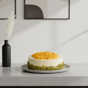 A white cake topped with a generous layer of diced mango—sits on a gray plate atop a smooth countertop. The base of the cake is coated with a ring of green pistachio pieces.
