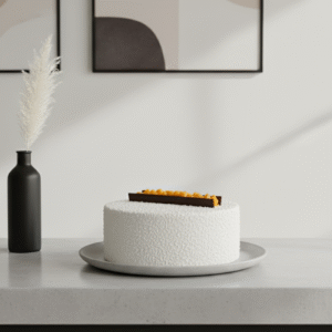 A white, textured cake sits on a gray plate atop a smooth countertop. A long chocolate garnish filled with small yellow spheres rests on top.