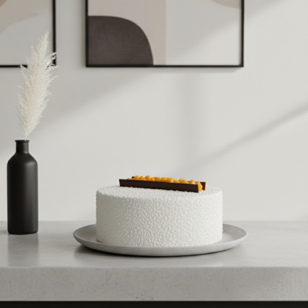 A white, textured cake sits on a gray plate atop a smooth countertop. A long chocolate garnish filled with small yellow spheres rests on top.