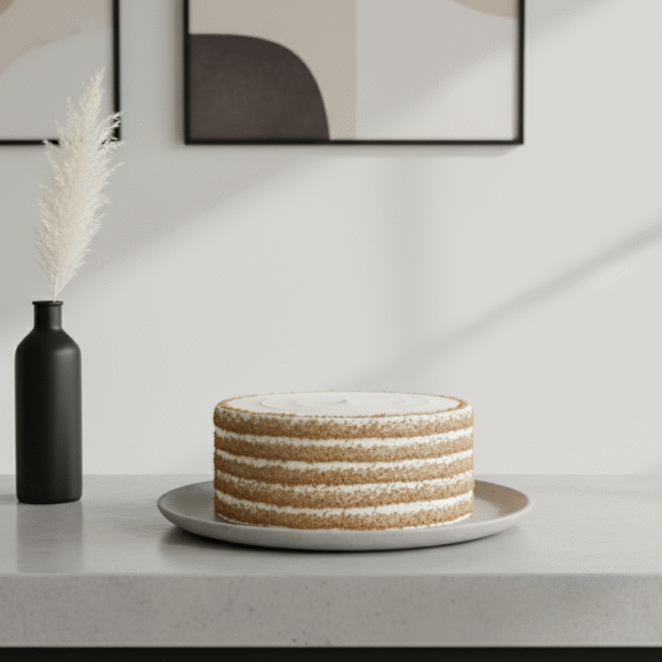 A lightly frosted layer cake with alternating bands of white cream and golden crumb coating sits on a gray plate atop a smooth countertop.