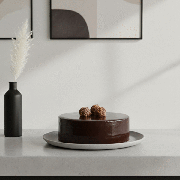 A glossy chocolate cake sits on a light gray plate atop a smooth countertop. Two chocolate truffles rest on top of the cake.