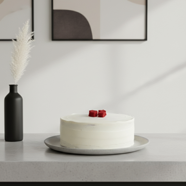 A smooth, white-frosted cake sits on a gray plate atop a light countertop. Two small red cake cubes are placed at the center of the cake as decoration.