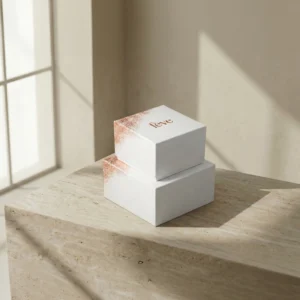 wo stacked minimalist white fève brand chocolate gift boxes with rose gold foil accents on a travertine stone plinth in a sunlit room.