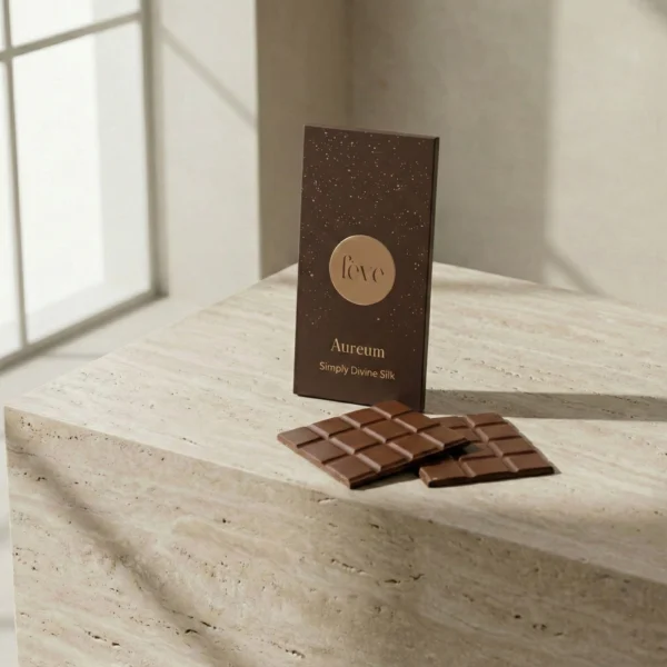 A luxury fève Aureum milk chocolate bar in dark brown and gold packaging, standing on a light-colored travertine stone surface next to two broken squares of chocolate.