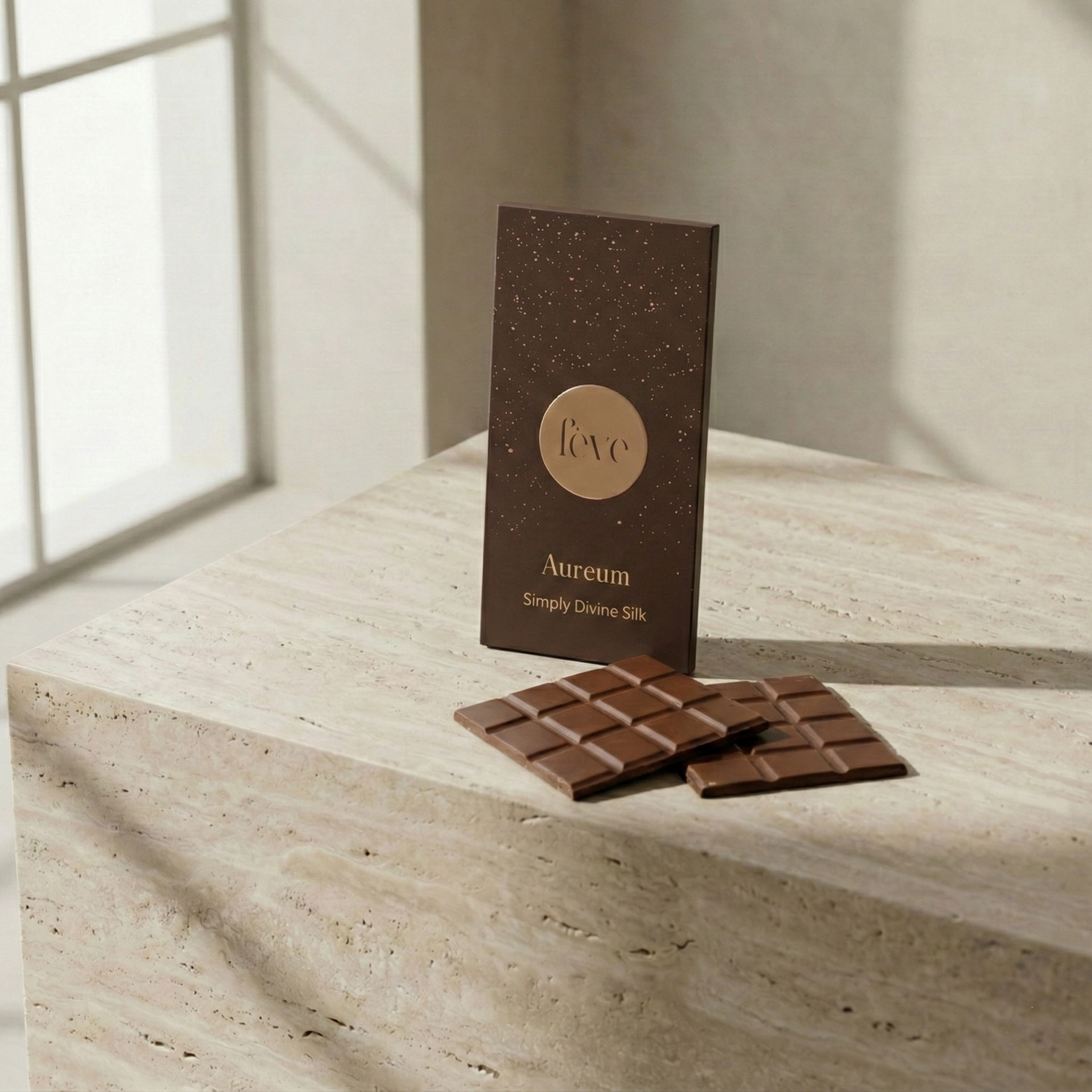 A luxury fève Aureum milk chocolate bar in dark brown and gold packaging, standing on a light-colored travertine stone surface next to two broken squares of chocolate.