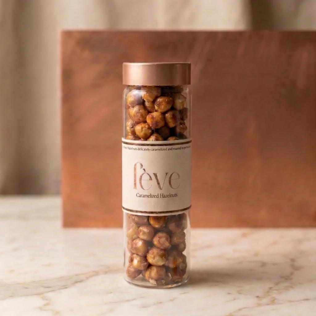 Gourmet fève caramelized hazelnuts in a luxury short glass jar with a rose gold metallic lid, presented on a marble surface.