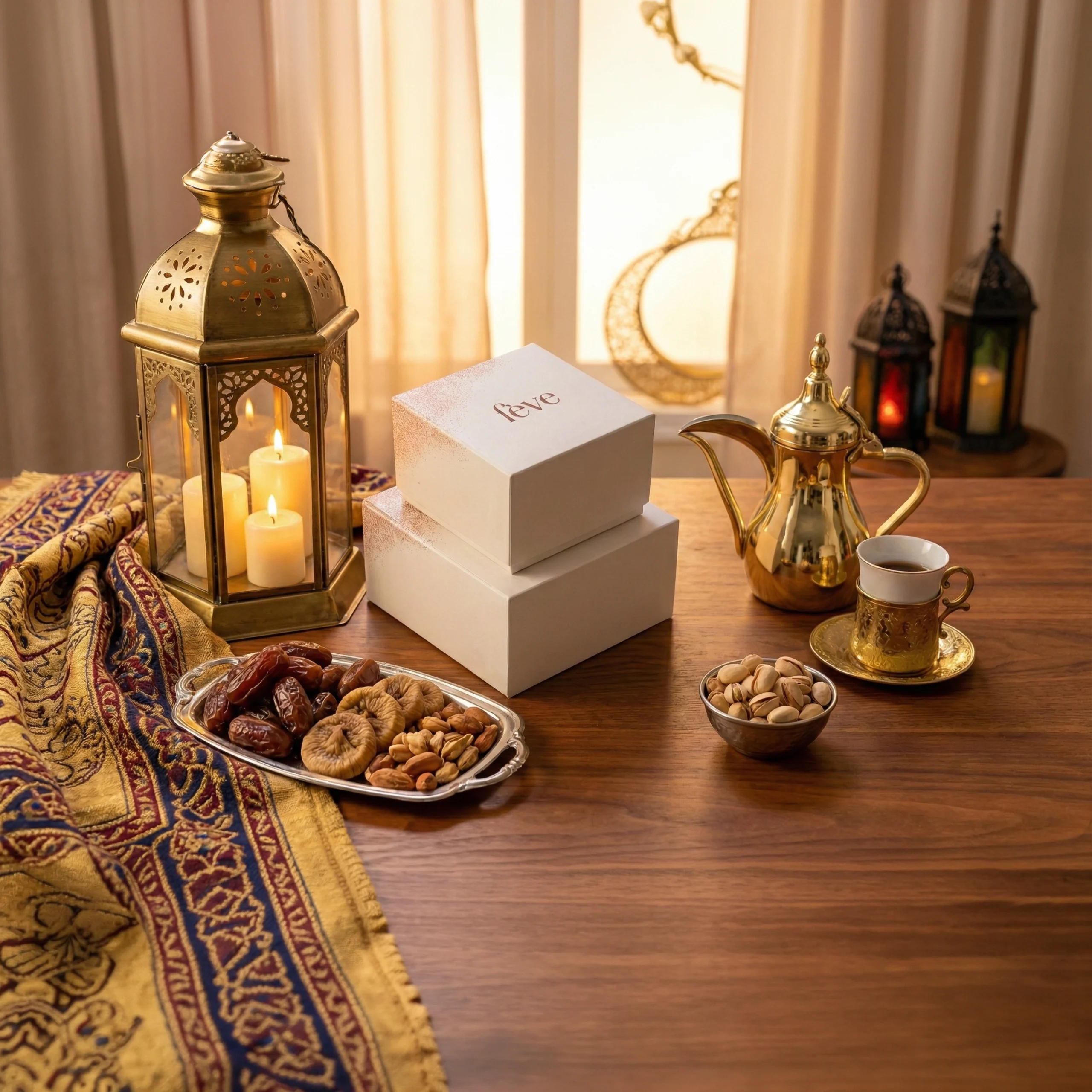 Elegant Fève gift box centerpiece for Ramadan or Eid celebrations, surrounded by traditional gold lanterns, an Arabic coffee pot (dallah), and a silver tray of premium dates and dried fruits.