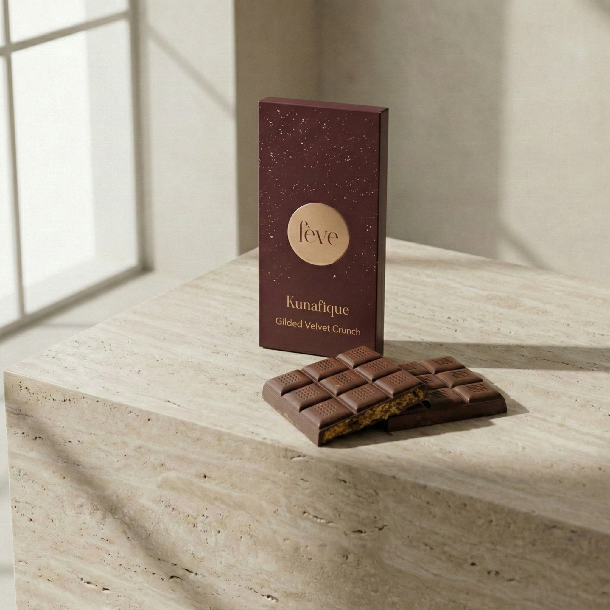A luxury Kunafique milk chocolate bar by Fève, featuring a broken section revealing a crispy, golden toasted kataifi kunafa filling on a minimalist travertine stone surface.