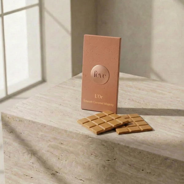 Luxury fève L’Or caramelized chocolate bar and two squares of Smooth Caramel Majesty on a minimalist travertine stone surface