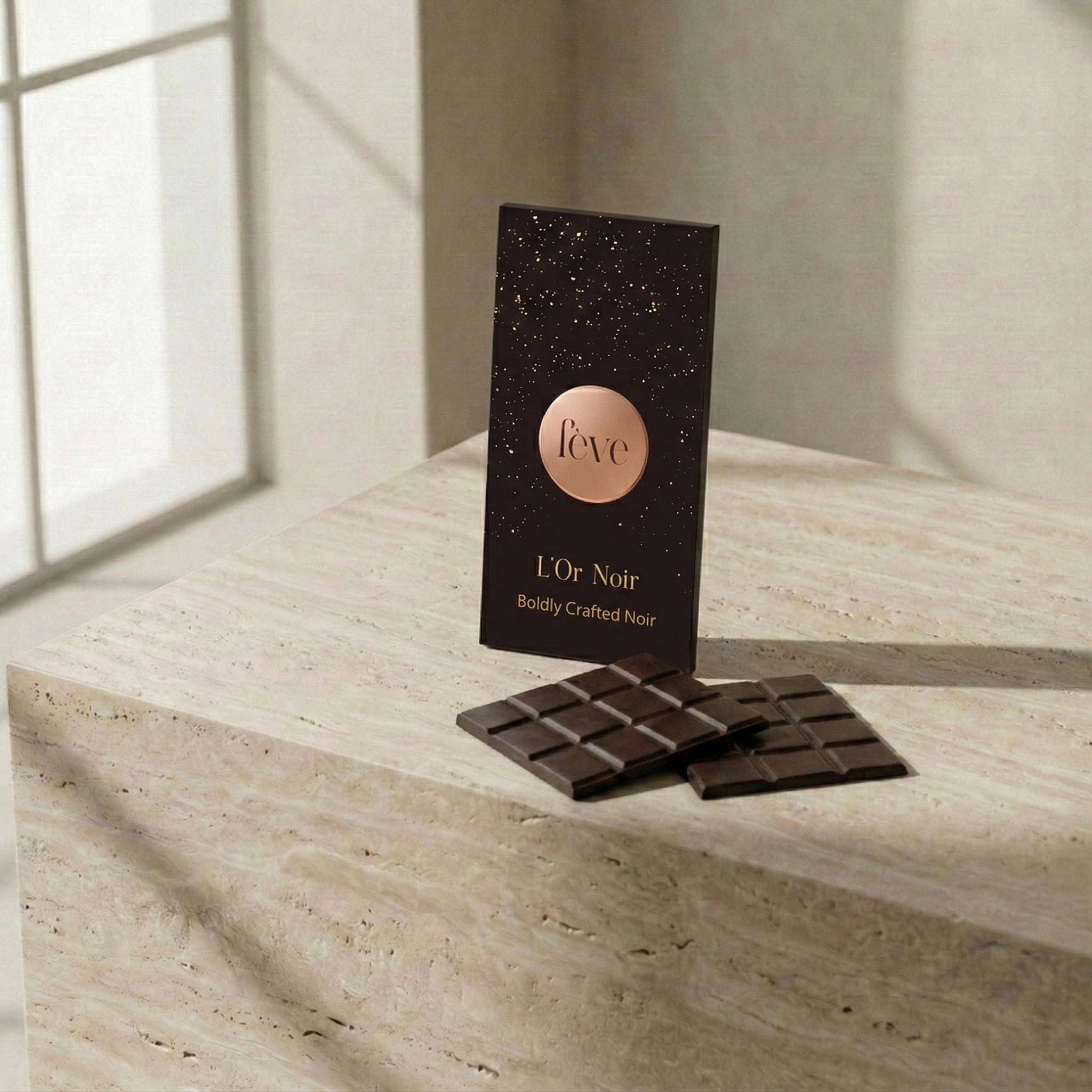 A sleek, dark chocolate bar titled "L'Or Noir" by Fève, standing on a textured stone surface next to two broken squares of dark chocolate in a minimalist, sunlit room.