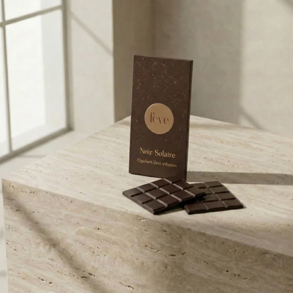 Fève Noir Solaire dark chocolate with orange zest infusion. Artisan dark chocolate bar in luxury gold-foiled packaging on a stone pedestal, high-end gourmet confectionery branding.
