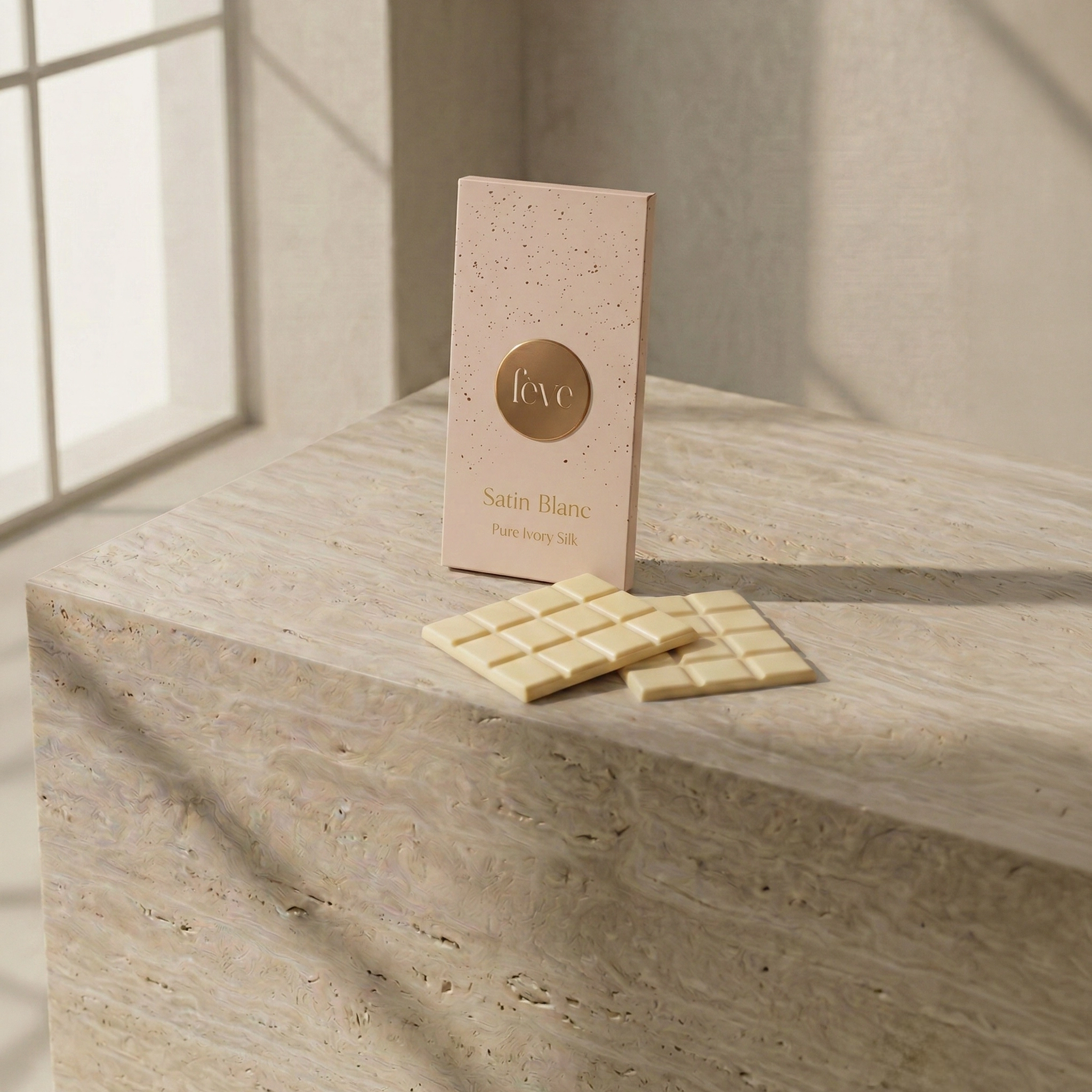 Artisanal Fève Satin Blanc white chocolate bar in speckled pink packaging and ivory chocolate squares on a textured travertine stone pedestal.