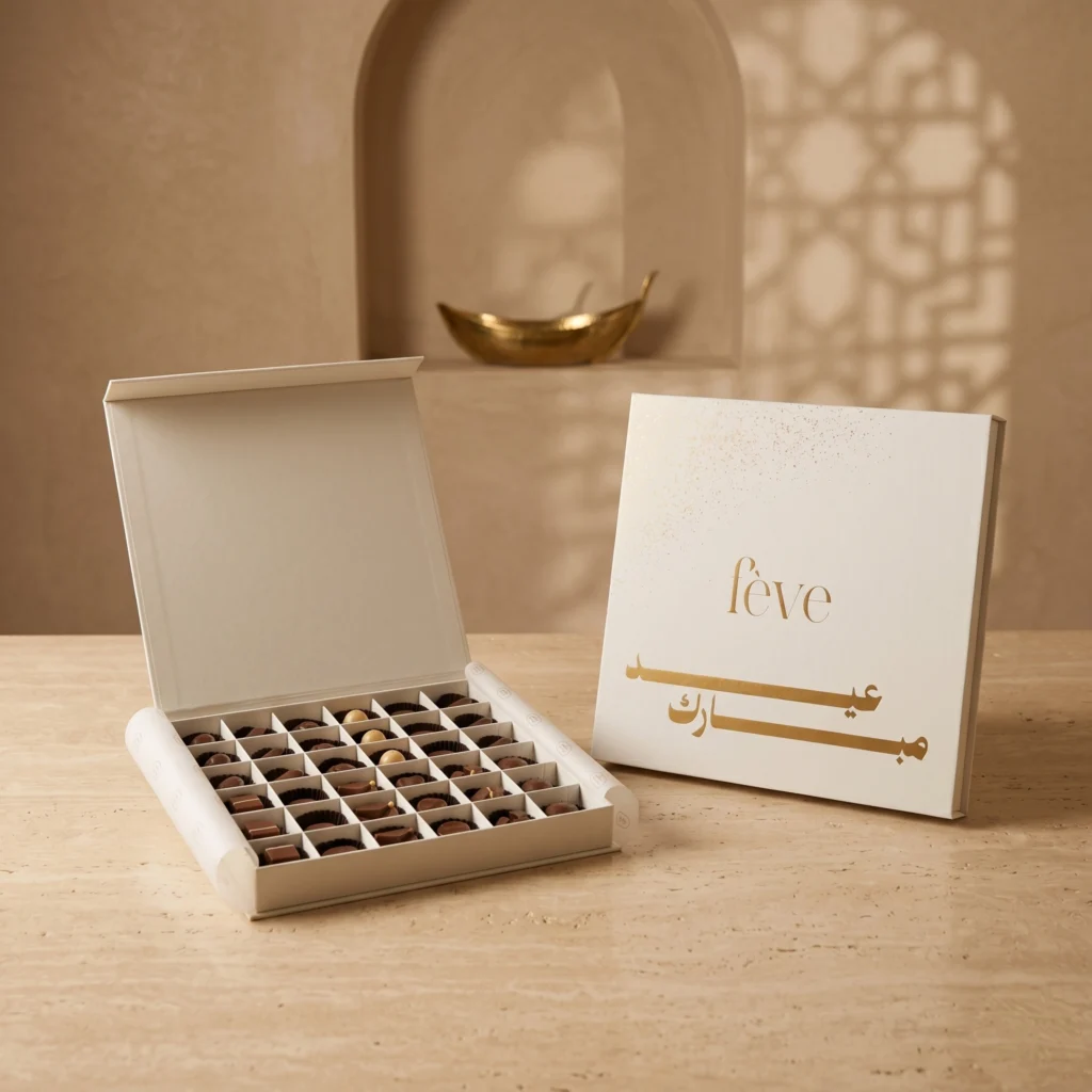 A luxury 36-piece chocolate box from the fève Zénith collection, featuring assorted milk chocolates and white pralines, displayed next to a white and gold Eid Mubarak gift box lid.
