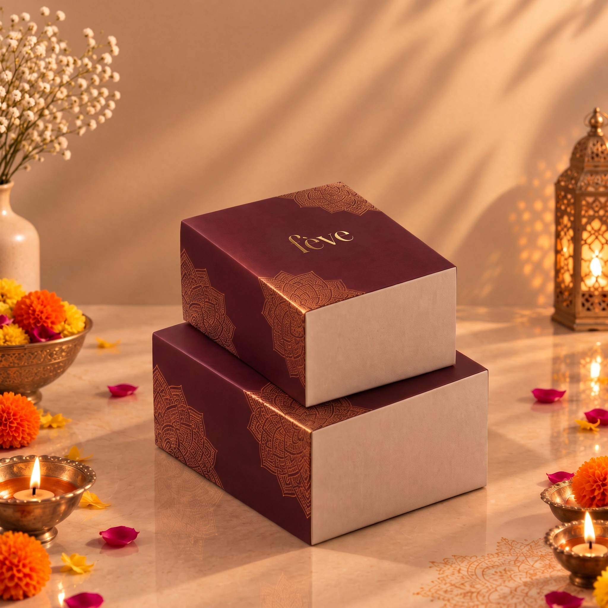 Two stacked maroon and off-white "fève" Diwali gift boxes adorned with gold mandala artwork, surrounded by lit brass diyas and fresh marigold flowers.