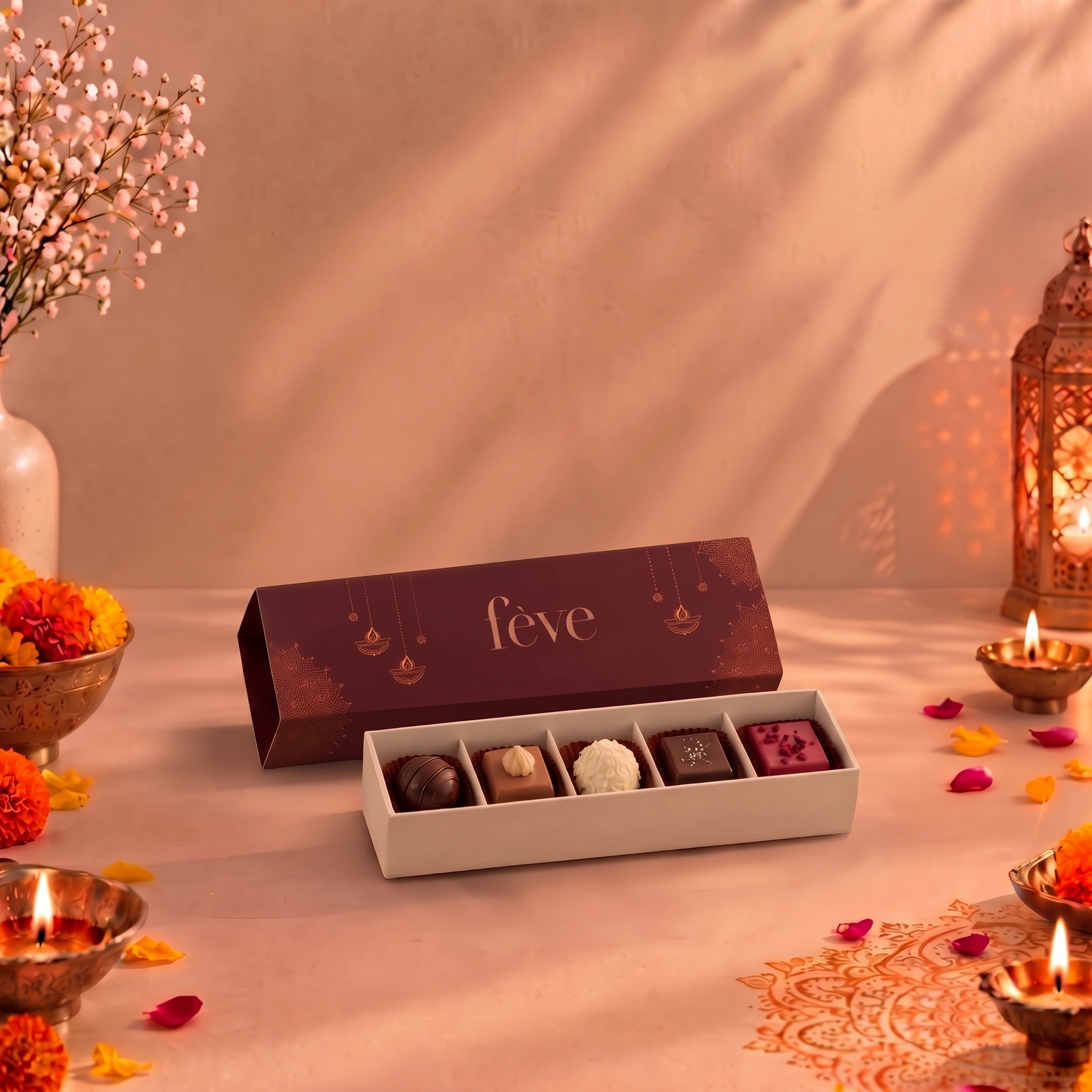 An open "fève" Diwali gift box containing five assorted artisanal chocolates, surrounded by lit brass diyas, flower petals, and festive decorations.