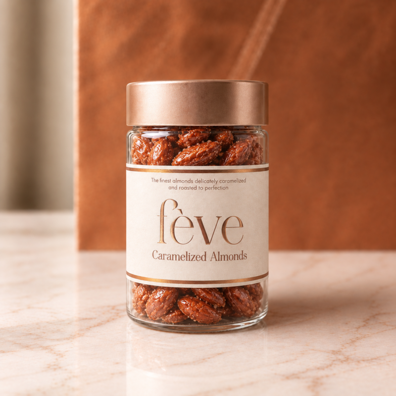 Caramelized almonds in a premium fève jar