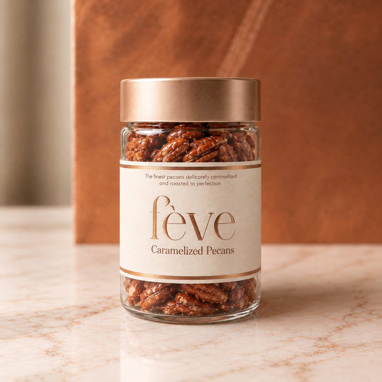 Caramelized pecans in a premium fève product jar