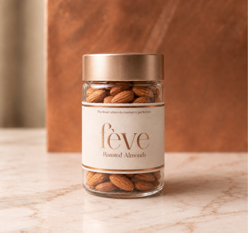 Roasted almonds in a premium fève product jar