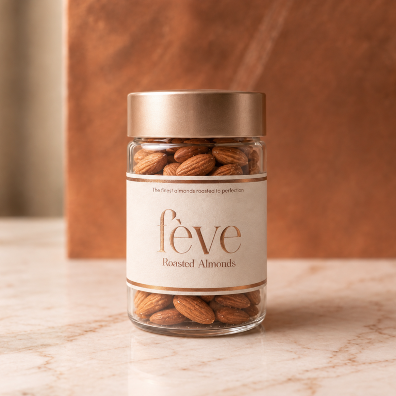 Roasted almonds in a premium fève product jar